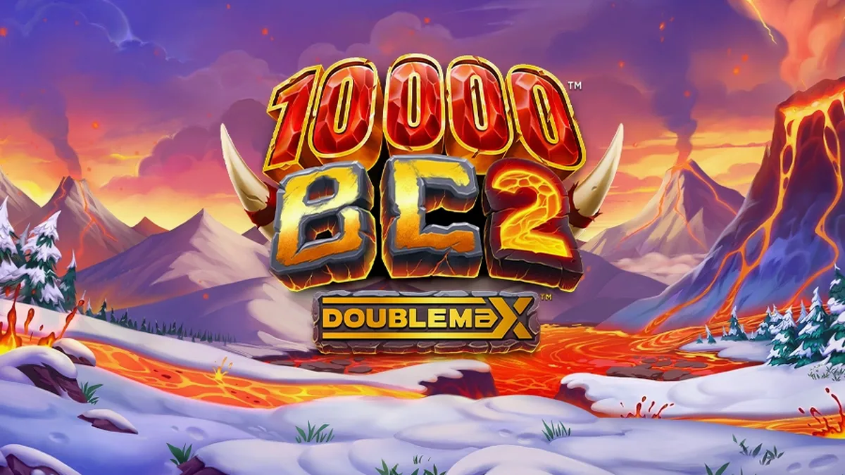Cenário pré-histórico vibrante com vulcão e mamute no slot 10000 BC DoubleMax 2