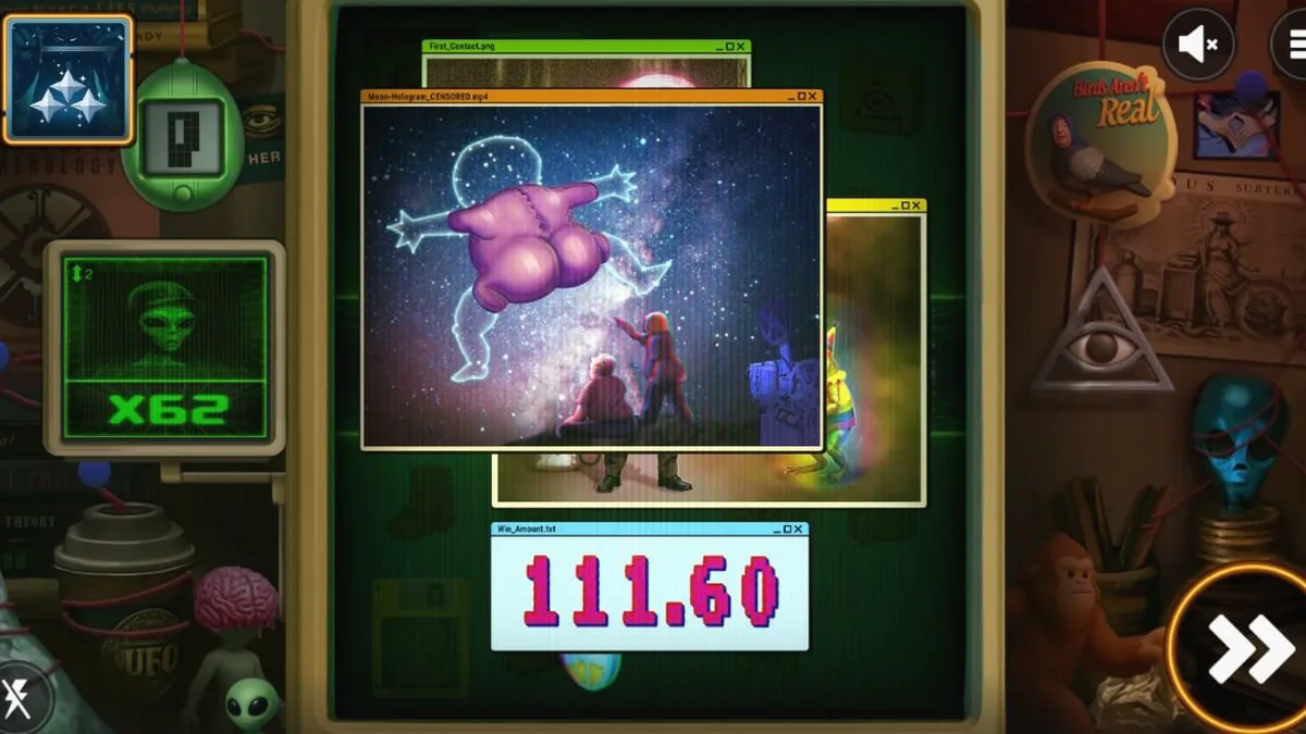 Interface do jogo de slot Truth com elementos de conspiração e estética retrô
