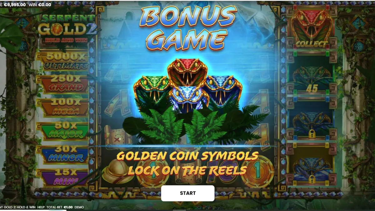 Interface do jogo Serpent Gold 2: Hold and Win com tema de selva e serpentes