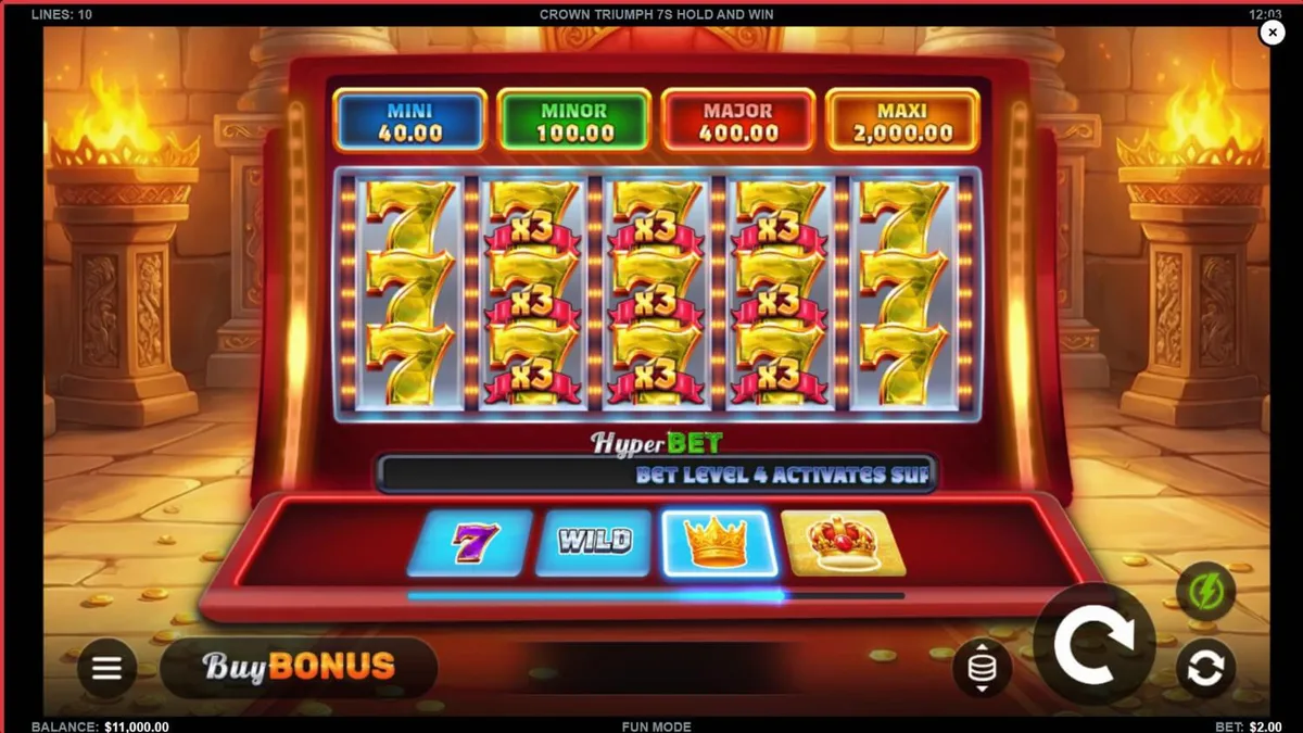 Interface do jogo Crown Triumph 7s Hold and Win com símbolos de frutas e setes dourados